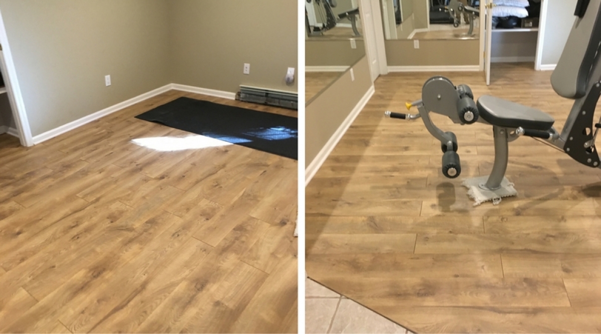 This room was originally carpeted and we redid it with vinyl flooring. Vinyl flooring is extremely durable, affordable, comfortable, and a good noise buffer (which is good for  multilevel homes and apartments). The surface under the vinyl flooring must be completely smooth because any imperfections will show through. 