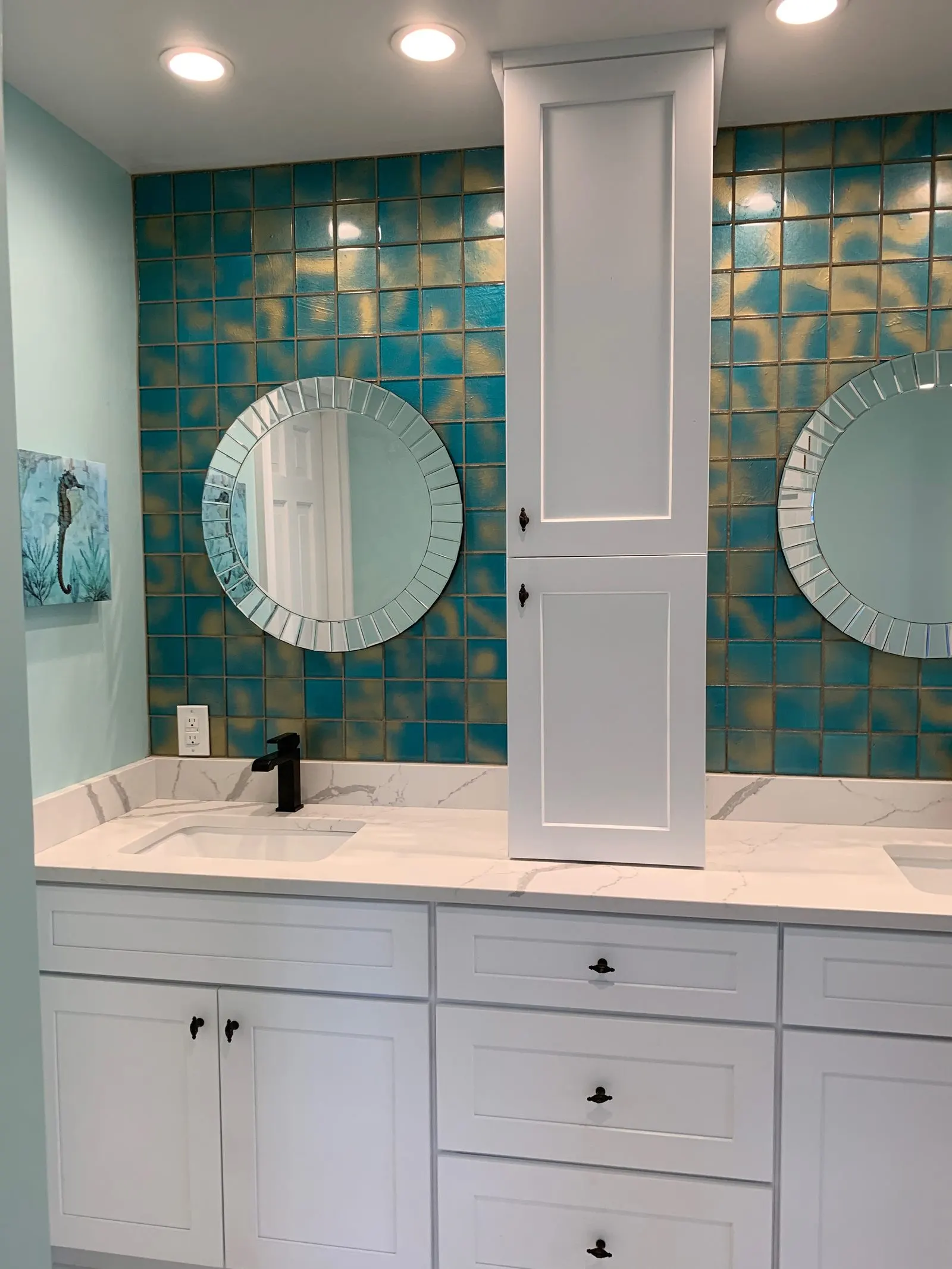Bathroom remodel with teal glass tile in Westchester County, NY