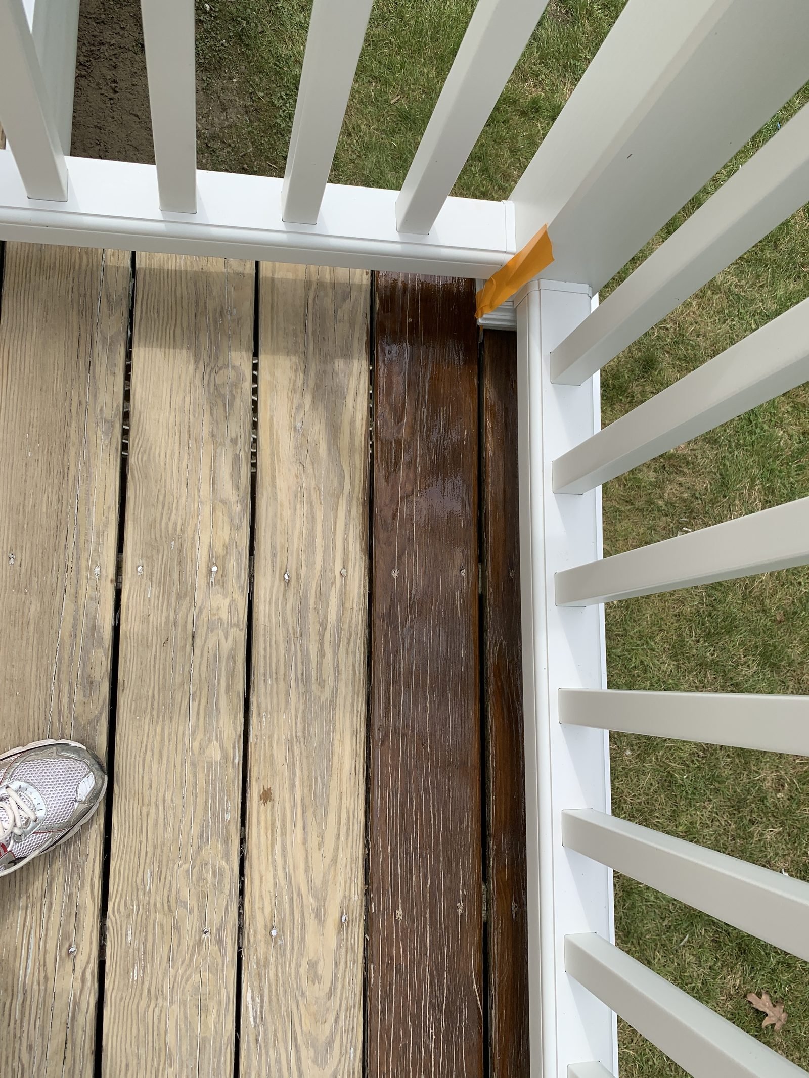 White deck stairs with wood treads