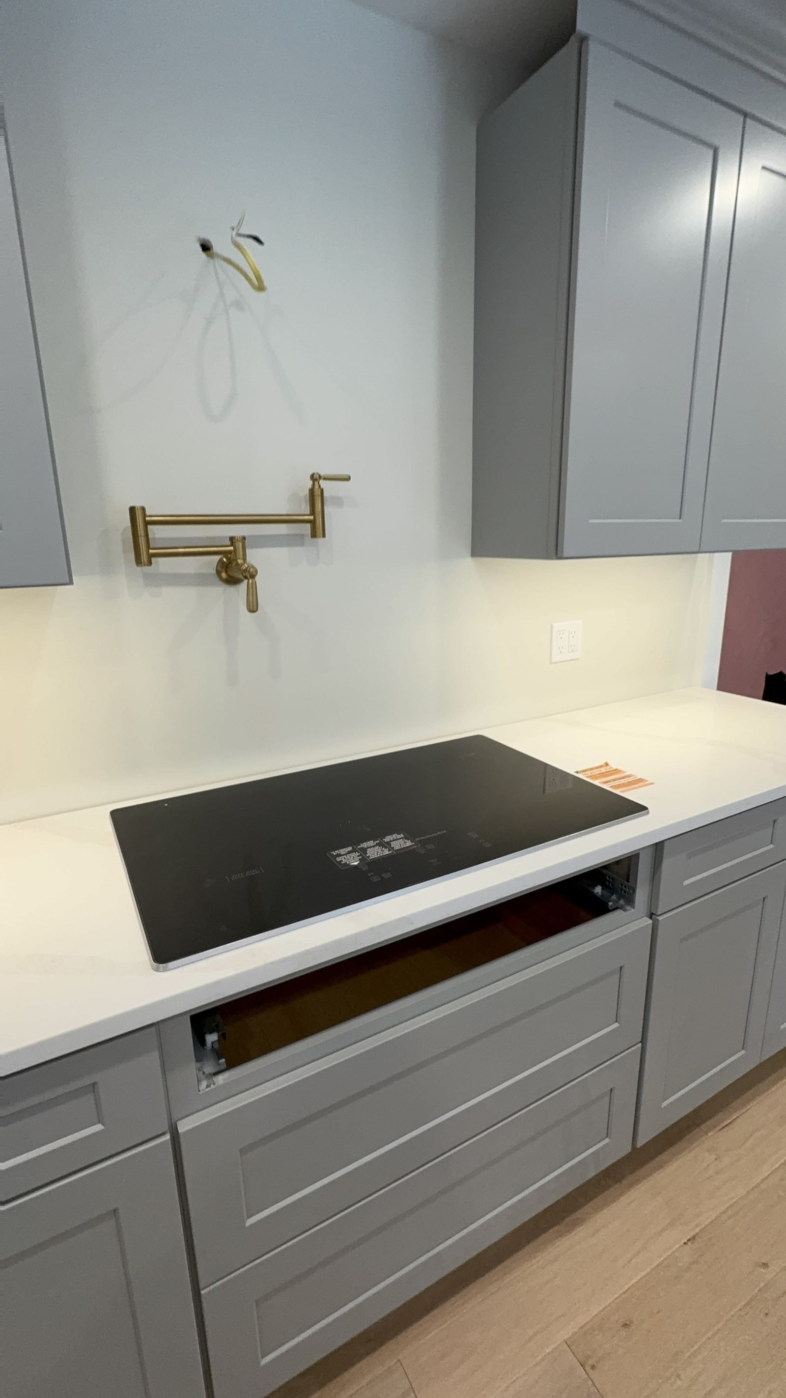 Kitchen detail with cooktop and gold pot-filler faucet